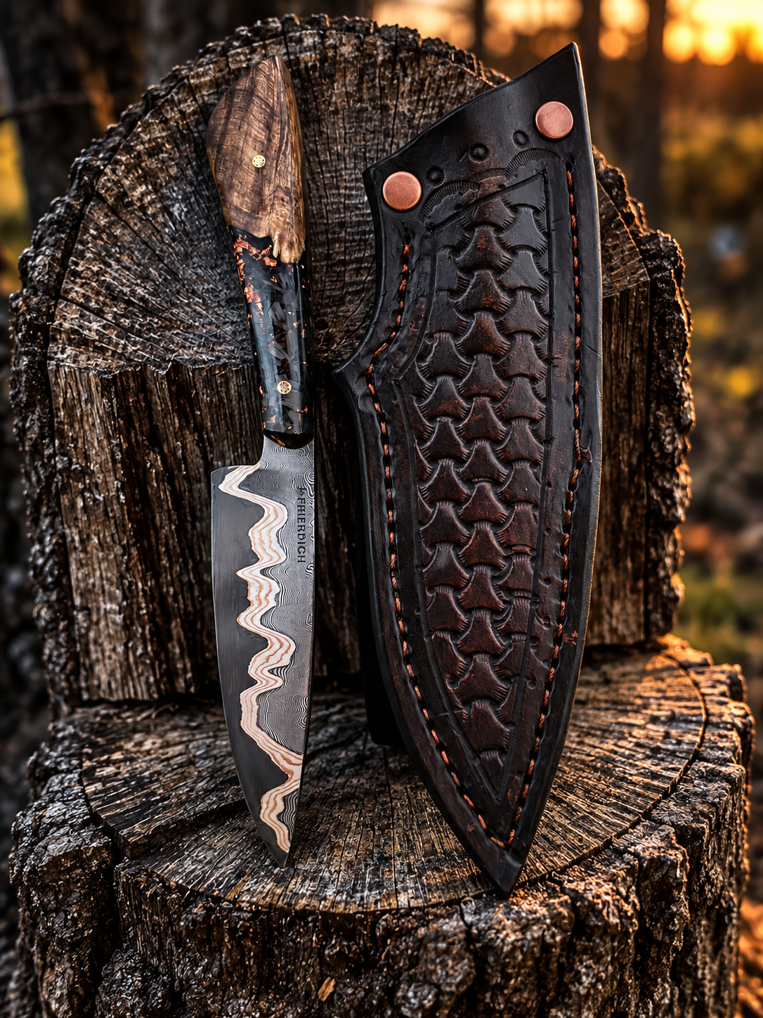 A finished blade with its shaped leather sheath.