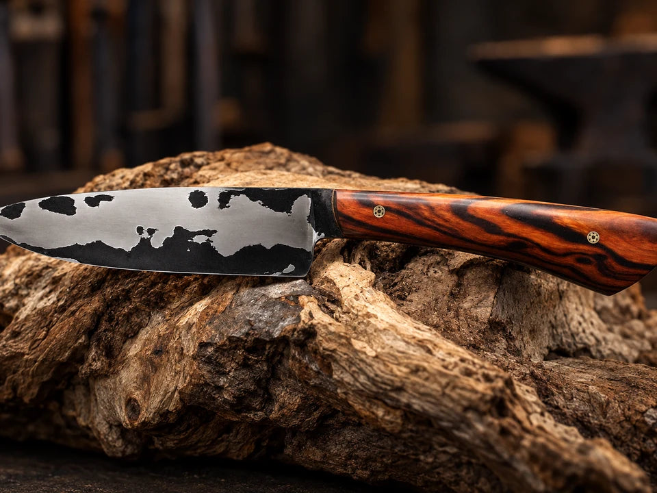 A sweeping layered blade and a wood-and-resin handle.